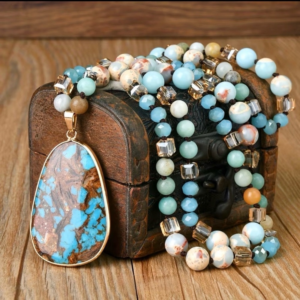 Boho Ocean Pattern Pendant on Long Faux Stone Necklace NWT